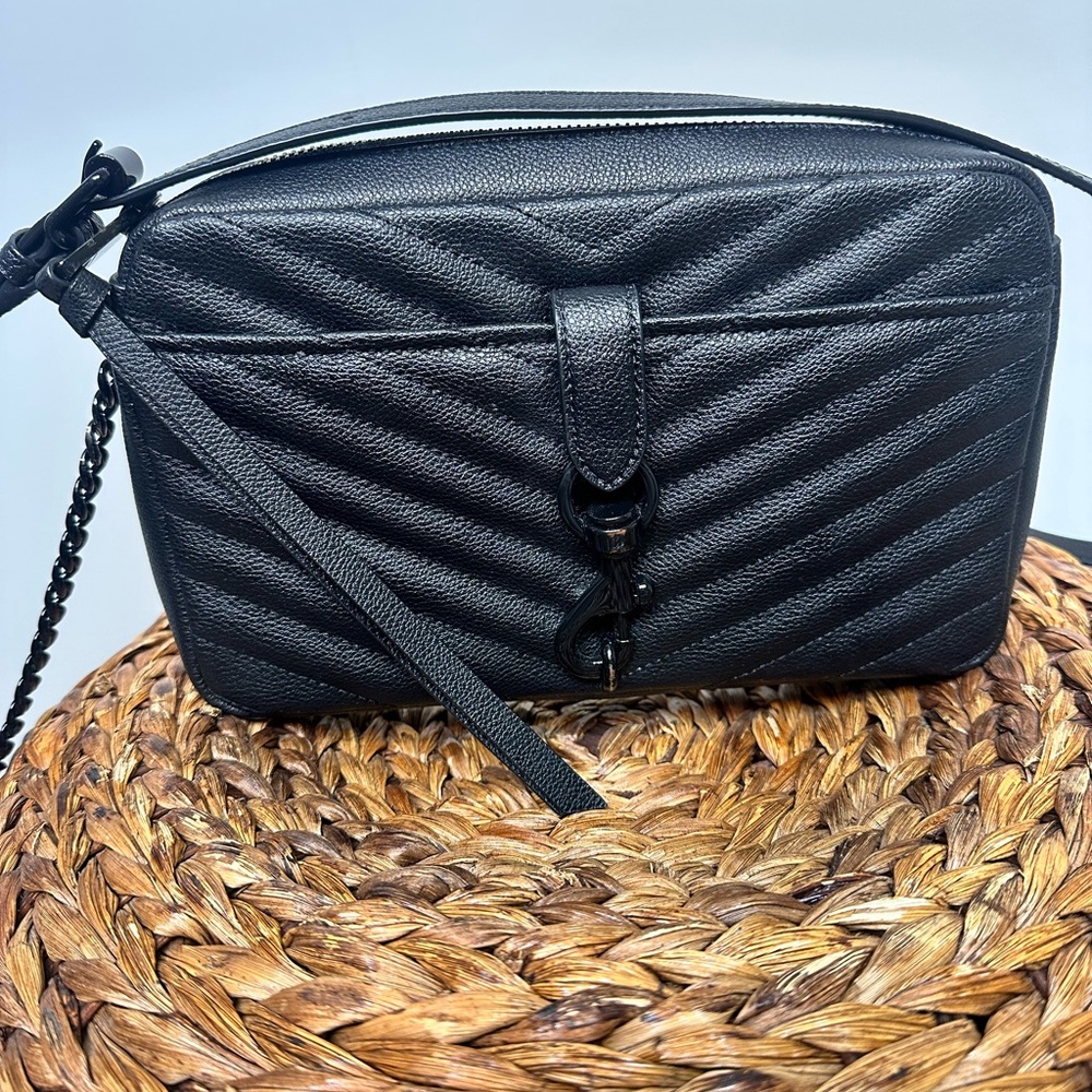 Rebecca Minkoff black on black Edie Top Zip Crossbody metal chain